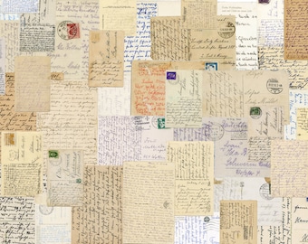 May include: A collage of vintage postcards and letters, featuring handwritten script, stamps, and postmarks. The aged paper has a warm, sepia tone, with various sizes and orientations creating a textured background. The image evokes nostalgia and a sense of history.