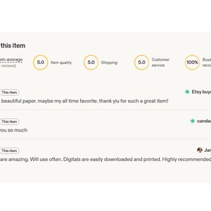 K&ouml;nnte beinhalten: Ein Screenshot von Etsy-Artikelbewertungen. Der Artikel hat eine 5,0-Sterne-Bewertung basierend auf 3 Bewertungen. Rezensenten loben die Qualit&auml;t des Artikels und den Kundenservice des Verk&auml;ufers. Ein Rezensent nennt den Artikel "das sch&ouml;nste Papier". Die Bewertungen stammen aus M&auml;rz bis Mai 2026.