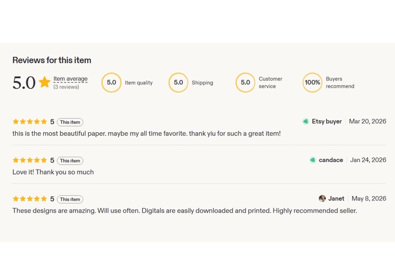 K&ouml;nnte beinhalten: Ein Screenshot von Etsy-Artikelbewertungen. Der Artikel hat eine 5,0-Sterne-Bewertung basierend auf 3 Bewertungen. Rezensenten loben die Qualit&auml;t des Artikels und den Kundenservice des Verk&auml;ufers. Ein Rezensent nennt den Artikel "das sch&ouml;nste Papier". Die Bewertungen stammen aus M&auml;rz bis Mai 2026.