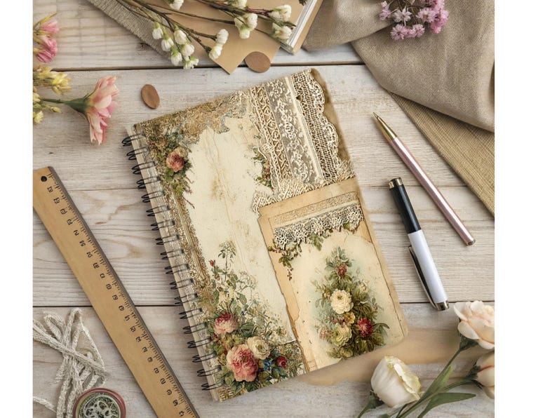 Vintage Junk Journal Kit, Victorian Lace Ephemera, Shabby Chic Collage ...
