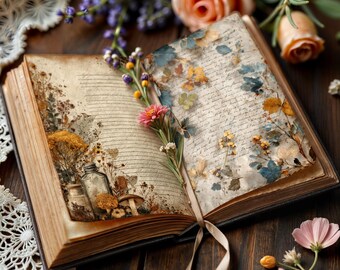 May include: An open antique book with aged pages, adorned with floral illustrations and pressed flowers. A sprig of pink and yellow flowers rests between the pages. The book is tied with a ribbon, and surrounded by flowers on a dark wooden surface.
