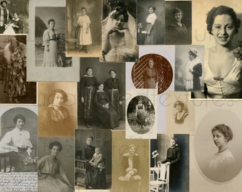 Vintage Women Postcard Ephemera: Junk Journal Images (Digital Download A4 JPGs)