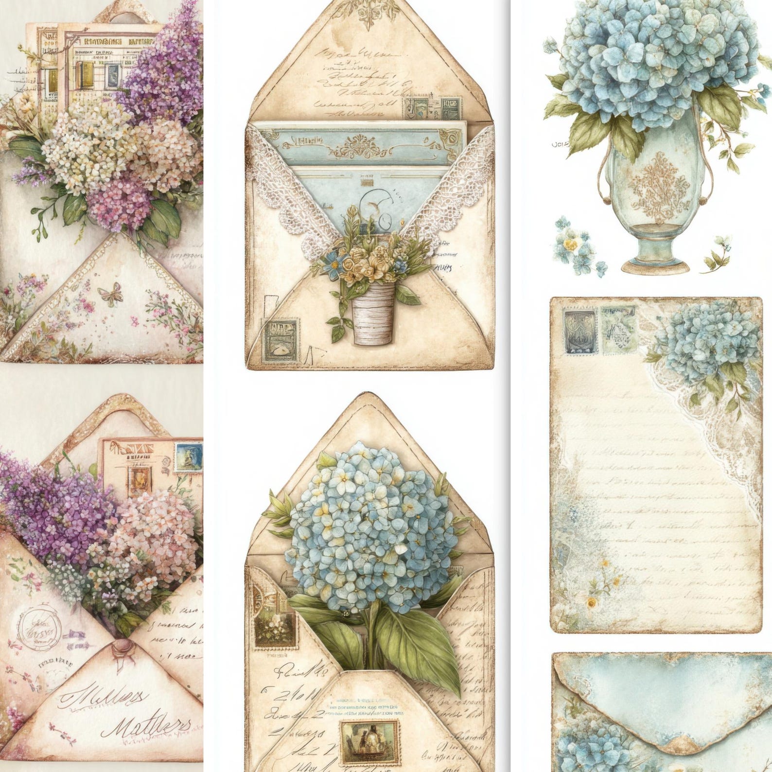 Vintage Hydrangea Junk Journal Kit, Blue Floral Ephemera, Printable ...