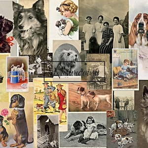 Cartes postales imprimables vintage de chiens, paquet d'éphémères de journal indésirable, kit de 4 cartes postales de chiens