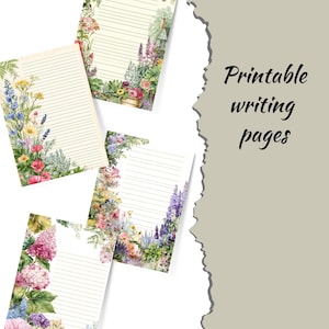 May include: Printable writing pages with floral designs. The pages have lined paper with colorful floral arrangements in the corners. The flowers include pink, purple, yellow, and blue blooms. The text "Printable writing pages" is in black script.