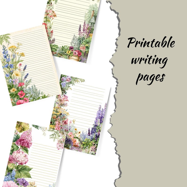 May include: Printable writing pages with floral designs. The pages have lined paper with colorful floral arrangements in the corners. The flowers include pink, purple, yellow, and blue blooms. The text "Printable writing pages" is in black script.