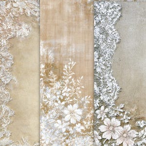 May include: A collage of three textured backgrounds with a vintage aesthetic. The backgrounds feature a mix of beige, tan, and gray tones. White lace and floral designs are layered over the backgrounds, creating a delicate and romantic feel.