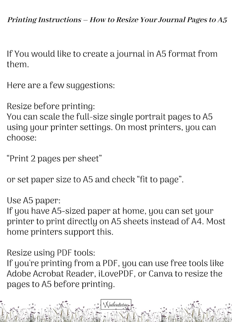 May include: Instructions on how to resize journal pages to A5 format. Text includes suggestions for resizing before printing, using A5 paper, and using PDF tools like Adobe Acrobat Reader.
