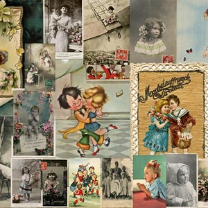 Vintage Postcards & Ephemera for Junk Journals | Printable Antique French Children Digital Kit Scrapbook and Collage Art Supplies