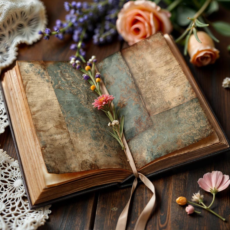 May include: An open antique book with aged pages, featuring a floral bookmark and a ribbon. The book's pages have a vintage aesthetic with faded blue and green patterns. A sprig of flowers and a peach rose are placed near the book.