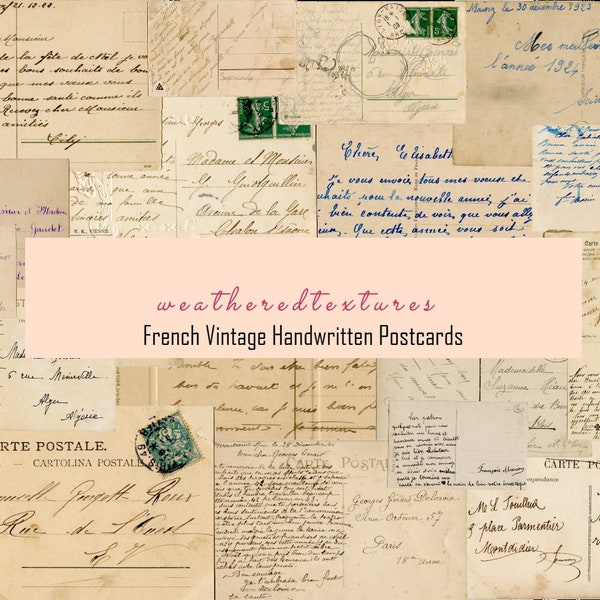 Vintage postcards' back in French, Handwritten French letters Digitals, Handwritten messages from antique French postcards