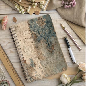 May include: A spiral-bound notebook with a vintage floral design in blue and beige tones. A wooden ruler, pens, and flowers are arranged around the notebook on a light wood surface. The notebook's cover features a distressed, aged appearance.