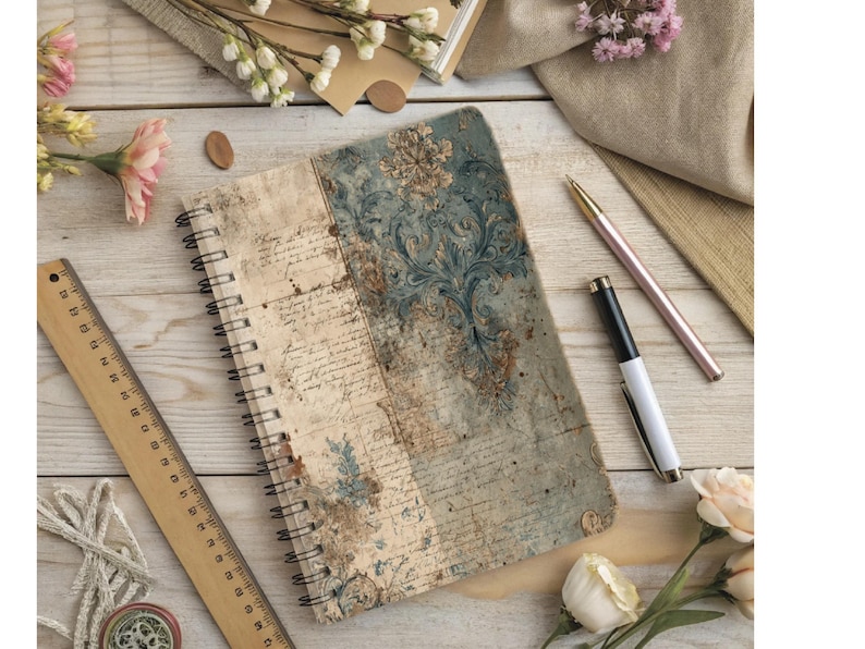 May include: A spiral-bound notebook with a vintage floral design in blue and beige tones. A wooden ruler, pens, and flowers are arranged around the notebook on a light wood surface. The notebook's cover features a distressed, aged appearance.