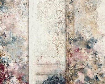 May include: Abstract mixed media artwork with a textured surface. The piece features a palette of cream, burgundy, and blue hues, with floral and musical note motifs. A vertical ornate border adds detail to the composition.