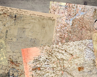 Puede incluir: Un collage de cuatro texturas de papel vintage con texto y marcas descoloridas. Los papeles son en tonos marrones, beige y rosa. El texto incluye palabras alemanas y notas musicales.