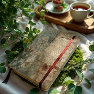 May include: A vintage-style journal with a distressed, patterned cover in shades of blue, brown, and beige. A red ribbon bookmark is visible. The journal rests on a bed of green moss, surrounded by greenery, with a cup of tea and a small dish in the background.