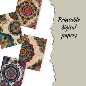 K&ouml;nnte beinhalten: Eine Sammlung druckbarer digitaler Papiere mit aufwendigen Blumen- und Mandala-Designs. Die Papiere haben einen beigefarbenen Hintergrund mit leuchtenden Farben wie T&uuml;rkis, Rosa und Gold. Der Text "Printable digital papers" ist in handschriftlicher Form dargestellt.