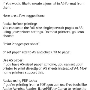 K&ouml;nnte beinhalten: Anleitung zum &Auml;ndern der Gr&ouml;&szlig;e von Journalseiten auf A5-Format. Der Text enth&auml;lt Vorschl&auml;ge zum &Auml;ndern der Gr&ouml;&szlig;e vor dem Drucken, zur Verwendung von A5-Papier und PDF-Tools wie Adobe Acrobat Reader.