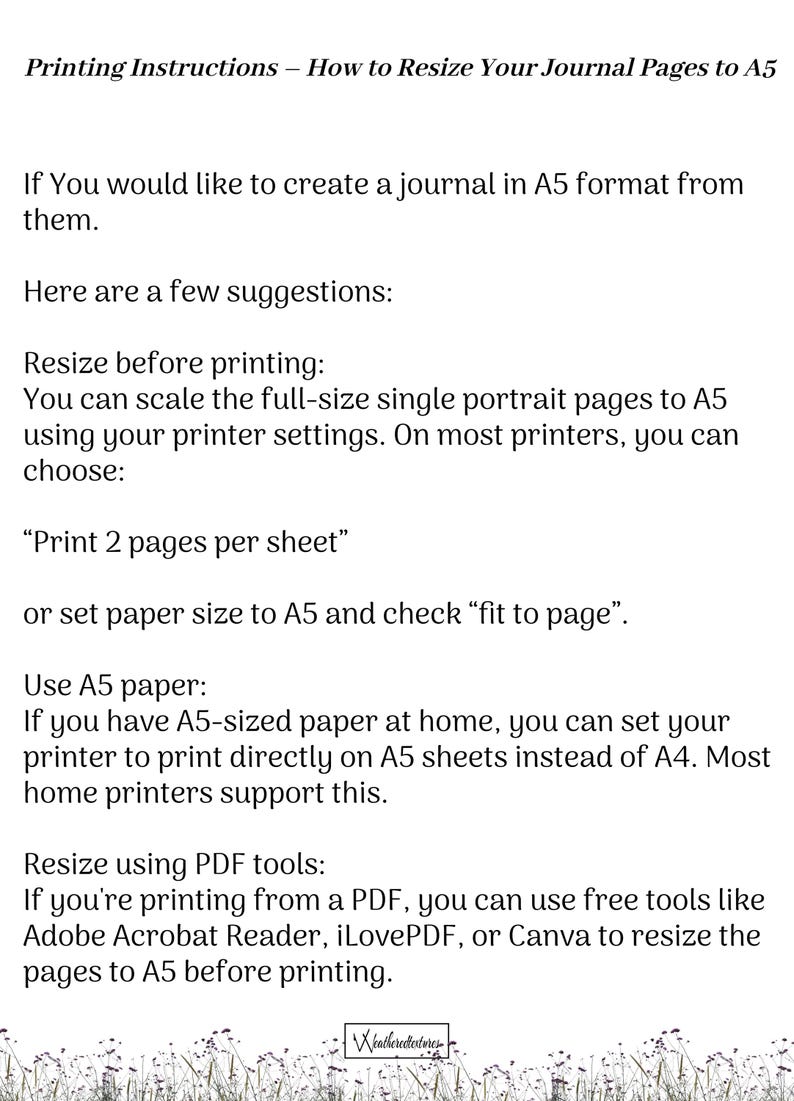 K&ouml;nnte beinhalten: Anleitung zum &Auml;ndern der Gr&ouml;&szlig;e von Journalseiten auf A5-Format. Der Text enth&auml;lt Vorschl&auml;ge zum &Auml;ndern der Gr&ouml;&szlig;e vor dem Drucken, zur Verwendung von A5-Papier und PDF-Tools wie Adobe Acrobat Reader.