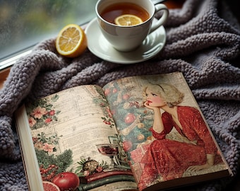 May include: A cozy scene featuring a cup of tea with a lemon slice, a half-eaten lemon, and an open book with vintage illustrations. The book's pages display a woman in a red dress and Christmas decorations. A soft, gray blanket adds warmth.
