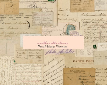 May include: A collage of vintage French postcards with handwritten messages and stamps. The postcards are in various shades of brown and cream, with some featuring blue and green accents. The text on the postcards is in French.