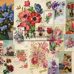 Vintage Blumen Postkarten - Antike Postkarten - Junk Journal Zubehör - Instant Download Kit 26