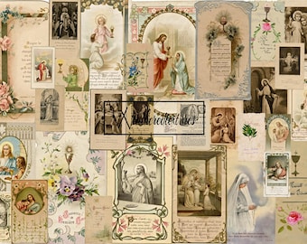 Könnte beinhalten: Eine Collage aus alten religiösen Bildern mit Szenen von Jesus, Maria und Kindern, die die Kommunion empfangen. Die Bilder sind auf Papier gedruckt und haben einen verblassten, antiken Look. Die Collage ist perfekt für Scrapbooking, Kartenherstellung oder andere Bastelprojekte.