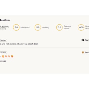 May include: Screenshot of Etsy product reviews. The item has a 5.0-star rating based on two reviews. The item quality, shipping, and customer service also have 5.0 ratings. 100% of buyers recommend the item. Two reviews are visible.