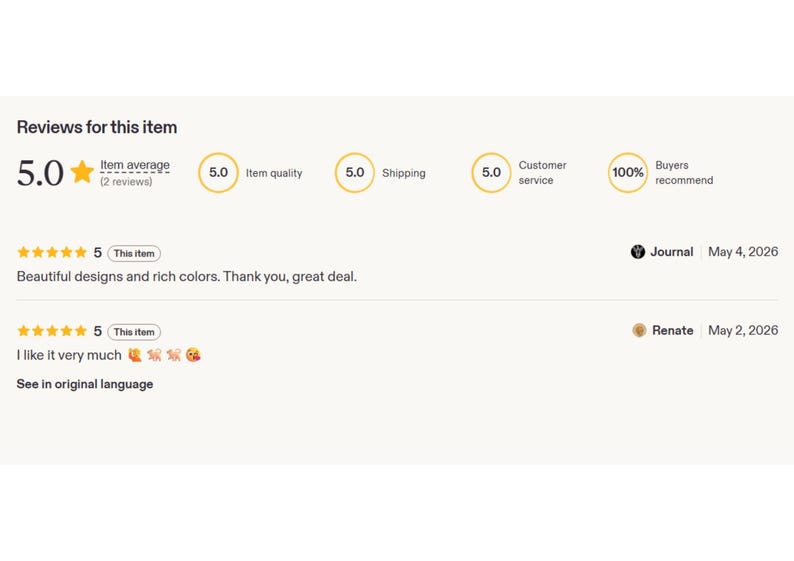 May include: Screenshot of Etsy product reviews. The item has a 5.0-star rating based on two reviews. The item quality, shipping, and customer service also have 5.0 ratings. 100% of buyers recommend the item. Two reviews are visible.