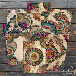 K&ouml;nnte beinhalten: Eine Sammlung dekorativer Journalseiten mit floralem und Mandala-Design. Die Seiten haben einen beigefarbenen Hintergrund mit farbenfrohen Akzenten in T&uuml;rkis, Rosa und Gold. Der Text "20 pages" ist auf einer der Seiten zu sehen.