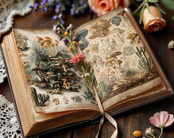 Impression botanique vintage : illustration de champignons et de feuillages anciens