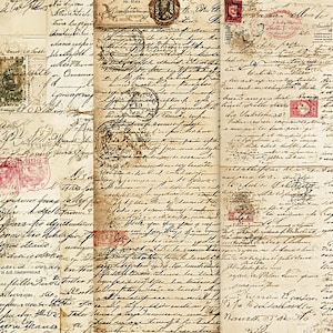May include: A collage of vintage paper with handwritten script, stamps, and seals. The aged paper has a sepia tone, with faded ink and visible textures. The image evokes a sense of history and nostalgia.