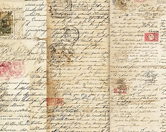 May include: A collage of vintage paper with handwritten script, stamps, and seals. The aged paper has a sepia tone, with faded ink and visible textures. The image evokes a sense of history and nostalgia.