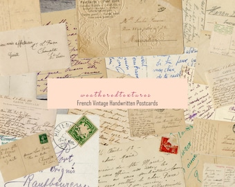 May include: A collection of aged French vintage postcards with handwritten script and stamps. The postcards are in various sizes and shades of beige and cream, with visible wear and tear.