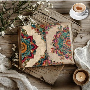 K&ouml;nnte beinhalten: Ein offenes Buch mit farbenfrohen Mandala-Designs auf gealterten Seiten liegt auf einer rustikalen Holzoberfl&auml;che. Eine Tasse Kaffee mit einem herzf&ouml;rmigen Design im Schaum steht daneben, zusammen mit einer brennenden Kerze in einem Holzhalter und wei&szlig;en Blumen.