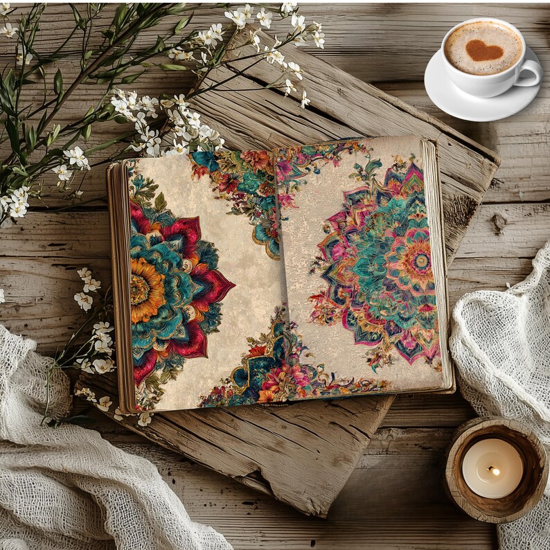 K&ouml;nnte beinhalten: Ein offenes Buch mit farbenfrohen Mandala-Designs auf gealterten Seiten liegt auf einer rustikalen Holzoberfl&auml;che. Eine Tasse Kaffee mit einem herzf&ouml;rmigen Design im Schaum steht daneben, zusammen mit einer brennenden Kerze in einem Holzhalter und wei&szlig;en Blumen.