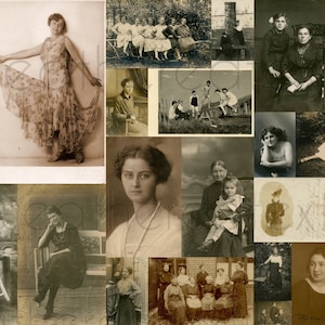 Puede incluir: Un collage de fotografías antiguas en blanco y negro con mujeres y niños. Las fotos están dispuestas en una cuadrícula y muestran varias escenas, incluyendo retratos, fotos de grupo y entornos al aire libre.