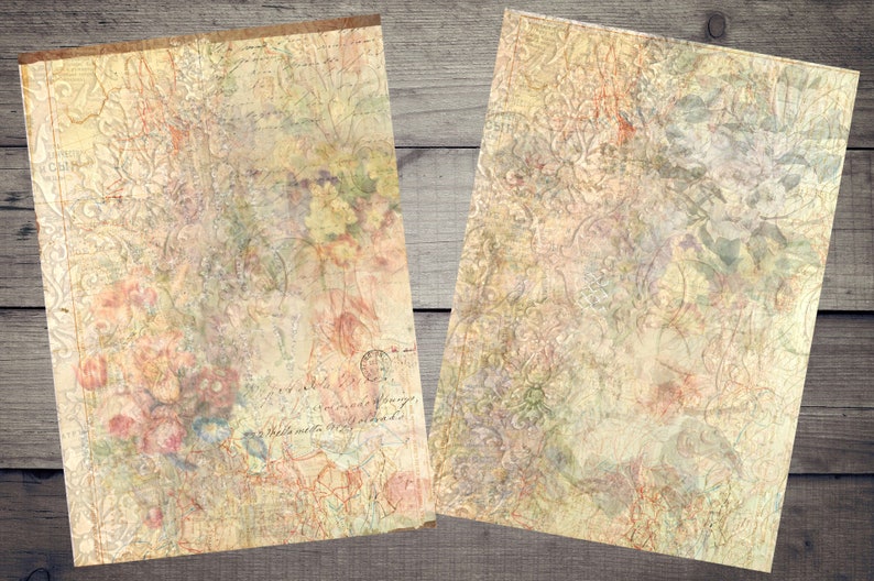 K&ouml;nnte beinhalten: Zwei Papiere im Vintage-Stil mit einem floralen Muster und verblassten Text. Das Papier hat einen hellbraunen Hintergrund mit einem dezenten beige und hellblauen floralen Muster. Der Text ist verblasst und schwer lesbar.