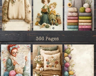 Pages de journal de tricot, paquet de papier artisanal vintage aquarelle (téléchargement numérique)
