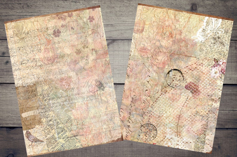 K&ouml;nnte beinhalten: Zwei Papierschichten im Vintage-Stil mit einem abgenutzten, verblassten Look. Die Bl&auml;tter sind mit einer Collage von Texturen bedeckt, darunter Blumenmuster, handschriftlicher Text und Spitze. Die Bl&auml;tter sind hellbeige mit rosa und braunen Farbt&ouml;nen.