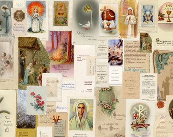 Könnte beinhalten: Eine Collage aus alten religiösen Bildern und Karten mit verschiedenen religiösen Symbolen, darunter ein Kelch, eine Taube, ein Kreuz und ein Lamm. Die Bilder sind auf Papier mit verschiedenen Farben und Texturen gedruckt. Der Text auf den Bildern ist in Französisch und Latein.