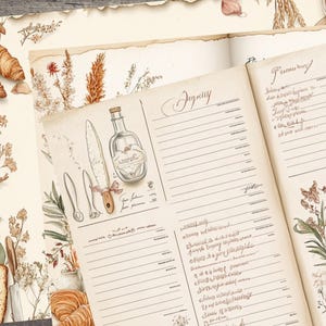 Páginas em branco de receitas vintage, 20 folhas JPG para diários antigos, utensílios de cozinha francesa, cartões de receitas para impressão, kit de colagem digital