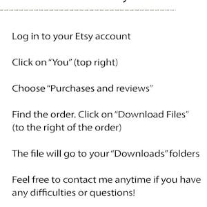 K&ouml;nnte beinhalten: Wei&szlig;er Hintergrund mit Text, der erkl&auml;rt, wie man eine Datei von Etsy herunterl&auml;dt. Der Text enth&auml;lt Anweisungen zum Anmelden, zum Finden der Bestellung und zum Herunterladen von Dateien. Das Weatheredtextures-Logo befindet sich oben.