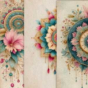 May include: Watercolor artwork featuring three vertical panels with floral mandala designs. The designs incorporate teal, pink, and gold colors. Each panel has a different mandala design with floral and leaf accents, and a textured background.