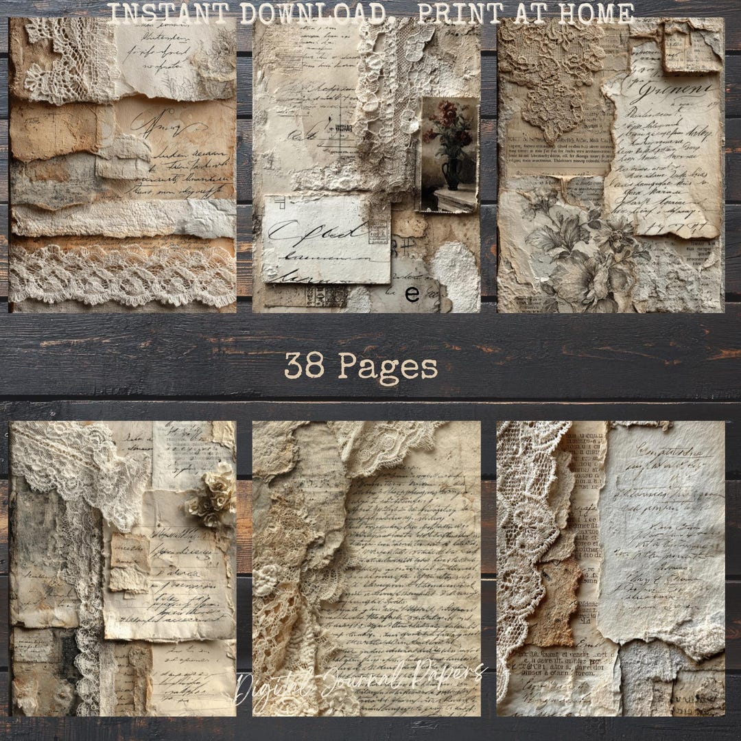 Vintage Lace Junk Journal Pages, Antique Paper Backgrounds, Shabby Chic ...
