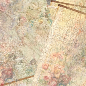 K&ouml;nnte beinhalten: Ein Stapel Vintage-Papiere mit einem floralen Muster und verblassten Text. Die Papiere haben einen abgenutzten, gealterten Look und sind perfekt zum Scrapbooking oder Basteln.