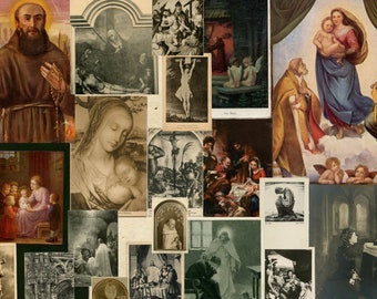Könnte beinhalten: Eine Collage mit religiösen Bildern, die verschiedene Szenen aus der Bibel zeigen, darunter die Kreuzigung Jesu, die Jungfrau Maria und der heilige Franziskus von Assisi. Die Bilder sind in verschiedenen Stilen gehalten und auf verschiedene Weise gerahmt.