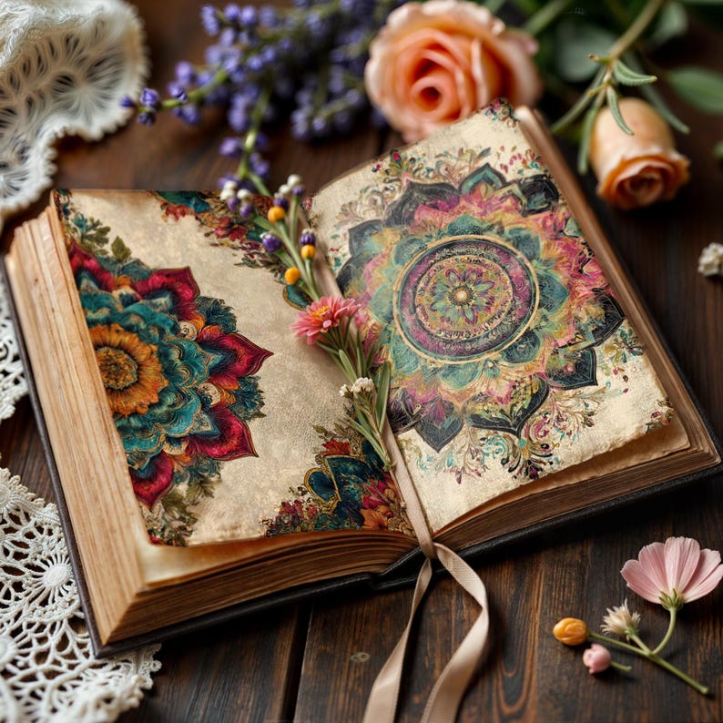 May include: An open book with aged pages, featuring colorful mandala designs in teal, orange, and purple. The book is adorned with flowers and a ribbon, set on a dark wooden surface, creating a vintage aesthetic.
