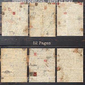 Pu&ograve; includere: Una collezione di fogli di carta stampabili in stile vintage con trame invecchiate, scritte a mano, timbri ed elementi decorativi. Il testo "INSTANT DOWNLOAD. PRINT AT HOME" e "52 Pages" sono visibili. La carta ha una tonalit&agrave; seppia.