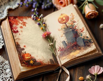 Könnte beinhalten: Ein offenes Buch mit Illustrationen von Halloween-Szenen, darunter ein Kürbis und ein Friedhof. Das Buch ist mit Blumen und einem Band verziert und liegt auf einer dunklen Holzoberfläche. Die Seiten haben ein Vintage-Aussehen.